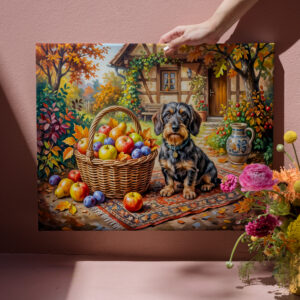 raxxa Canva: Dachshund Sitting Beside Fruit Basket Autumn Farmhouse