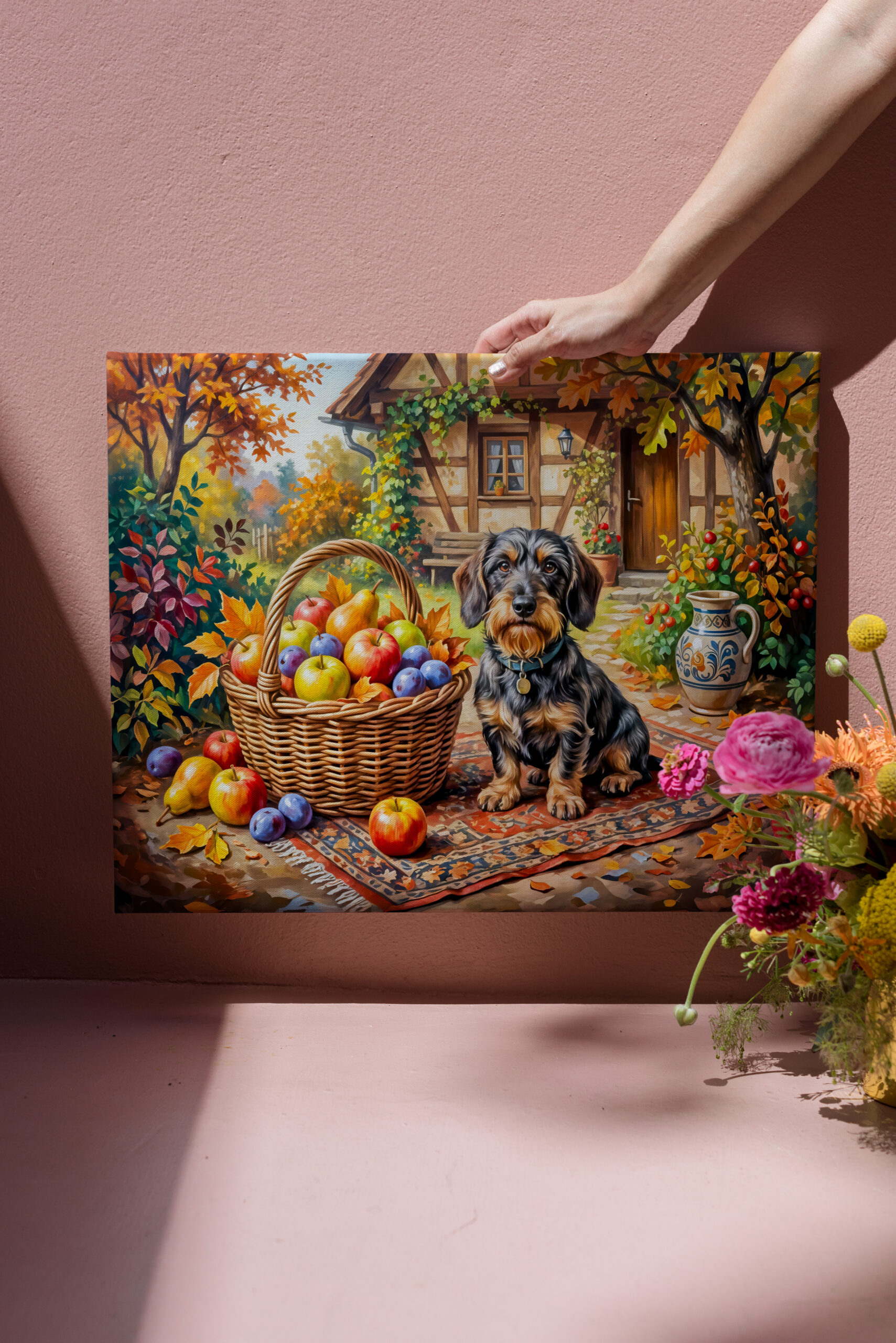 raxxa Canva: Dachshund Sitting Beside Fruit Basket Autumn Farmhouse