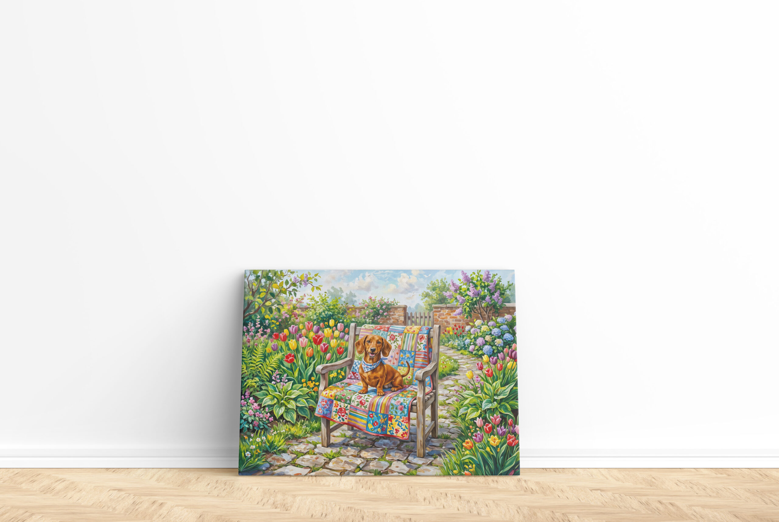 raxxa Canva: Dachshund Sitting on Patchwork Garden Chair Among Tulips – Image 2