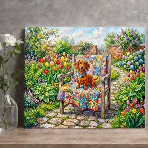 raxxa Canva: Dachshund Sitting on Patchwork Garden Chair Among Tulips