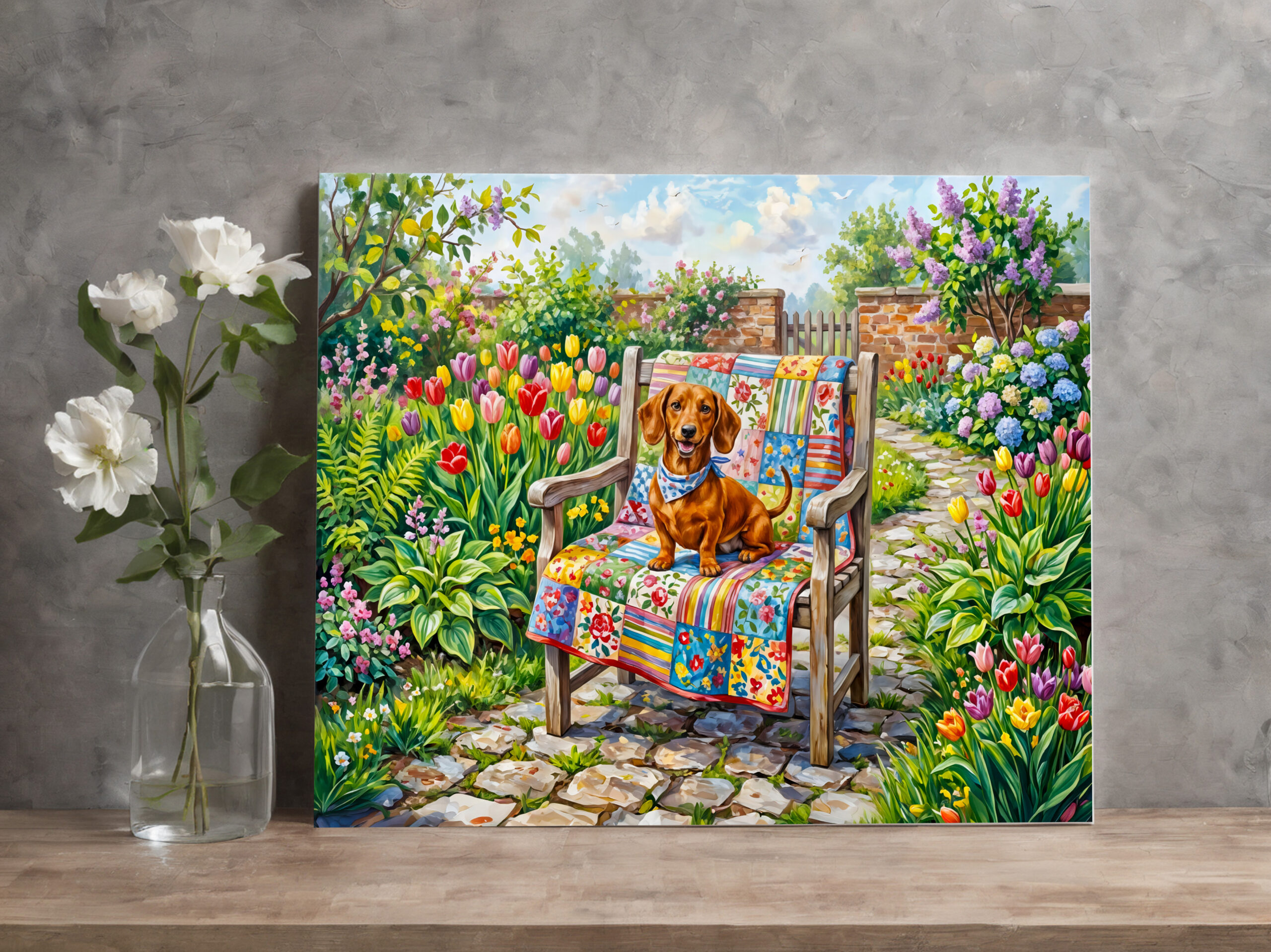 raxxa Canva: Dachshund Sitting on Patchwork Garden Chair Among Tulips