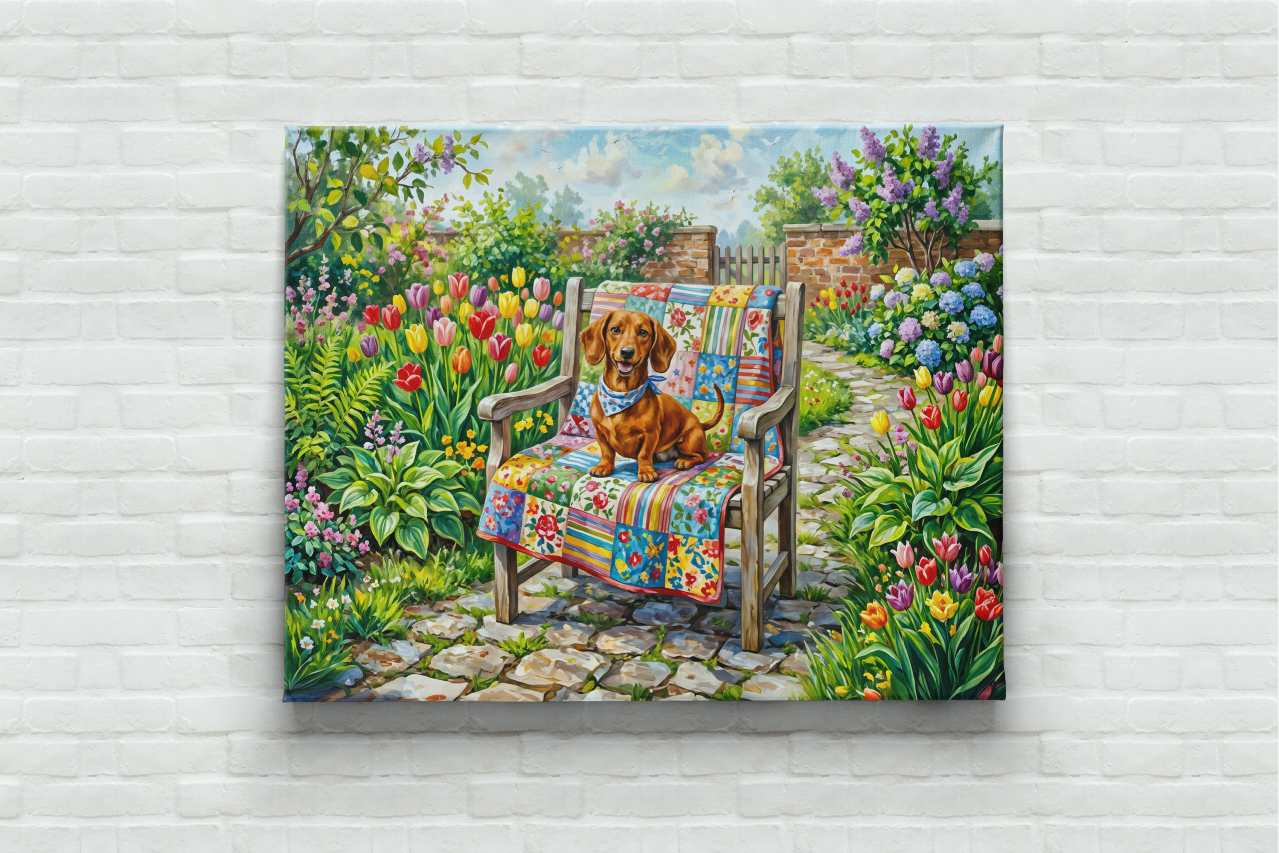 raxxa Canva: Dachshund Sitting on Patchwork Garden Chair Among Tulips – Image 3