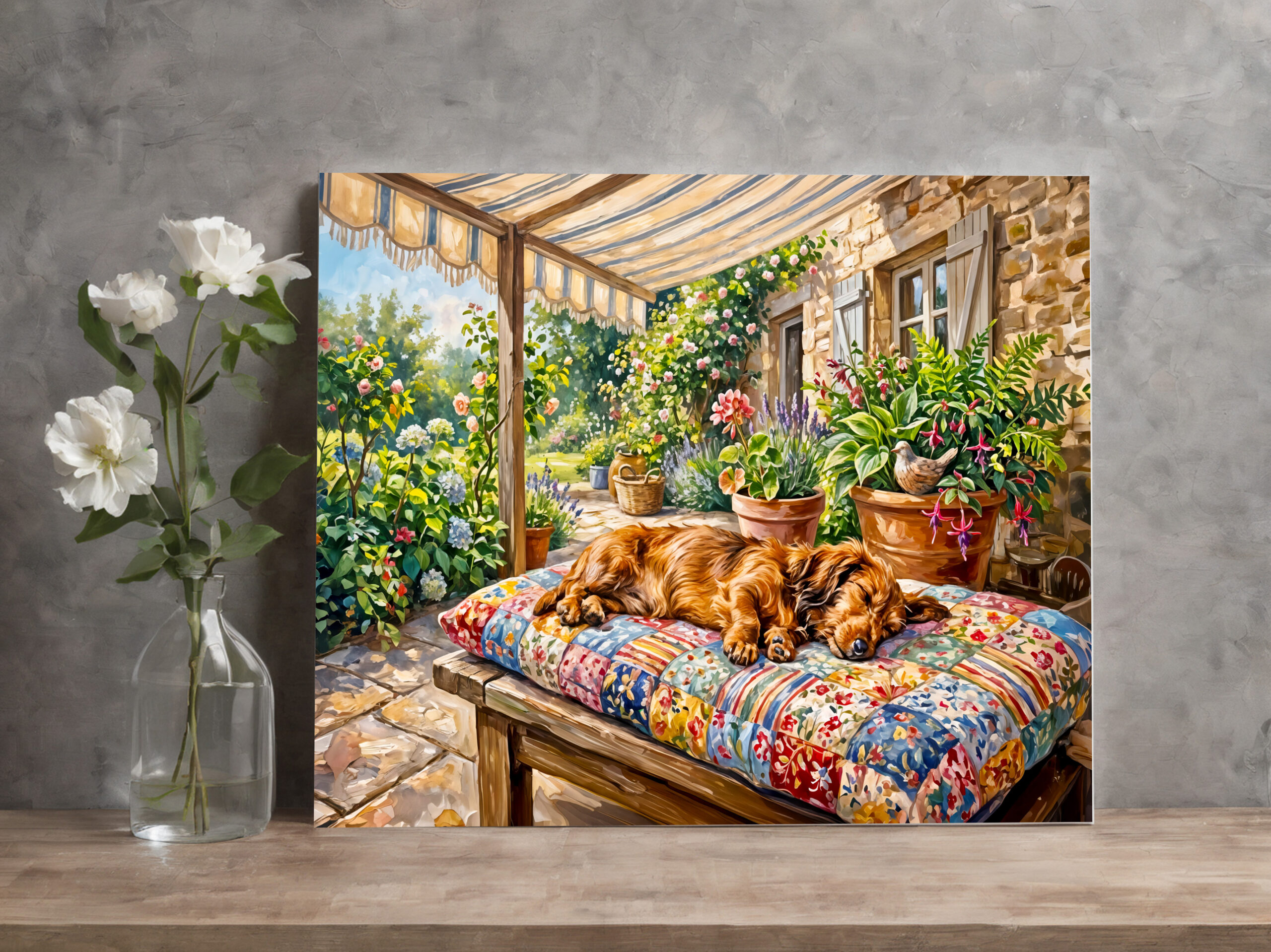 raxxa Canva: Dachshund Resting on Patchwork Garden Bench - Imagen 2