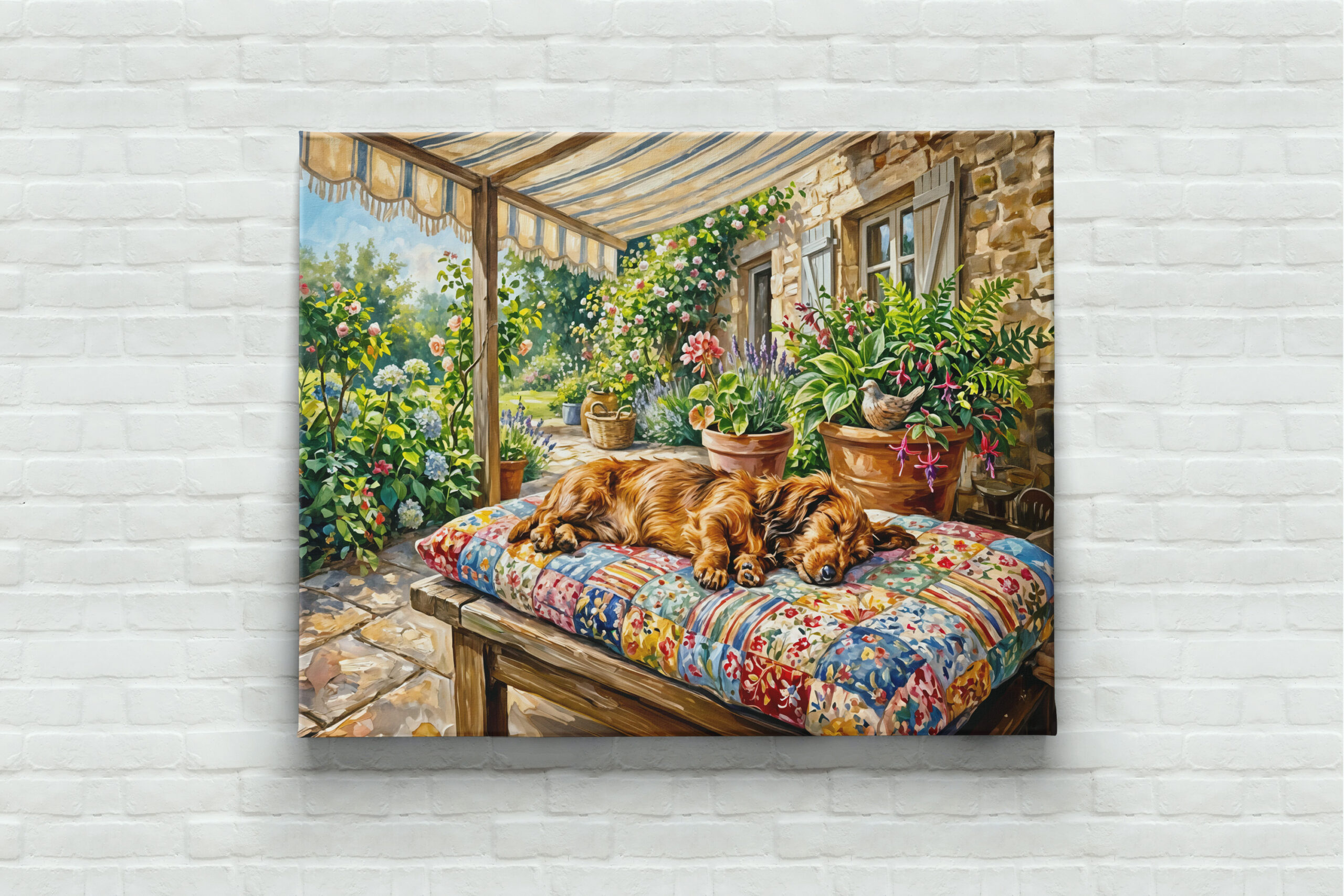raxxa Canva: Dachshund Resting on Patchwork Garden Bench - Imagen 3