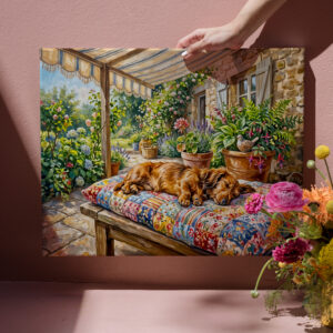 raxxa Canva: Dachshund Resting on Patchwork Garden Bench