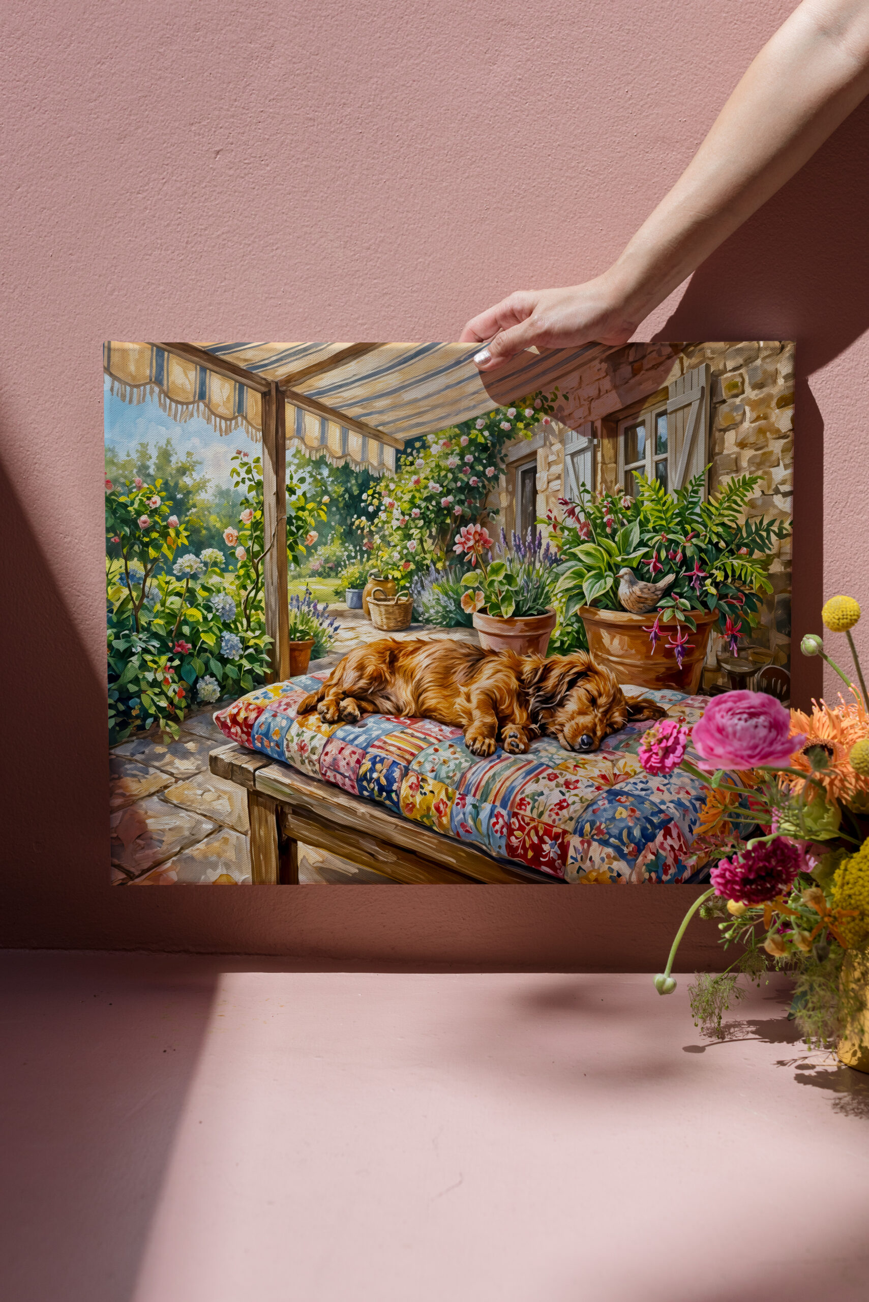 raxxa Canva: Dachshund Resting on Patchwork Garden Bench