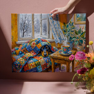 raxxa Canva: Cozy Dachshund Resting on Patchwork Winter Blanket