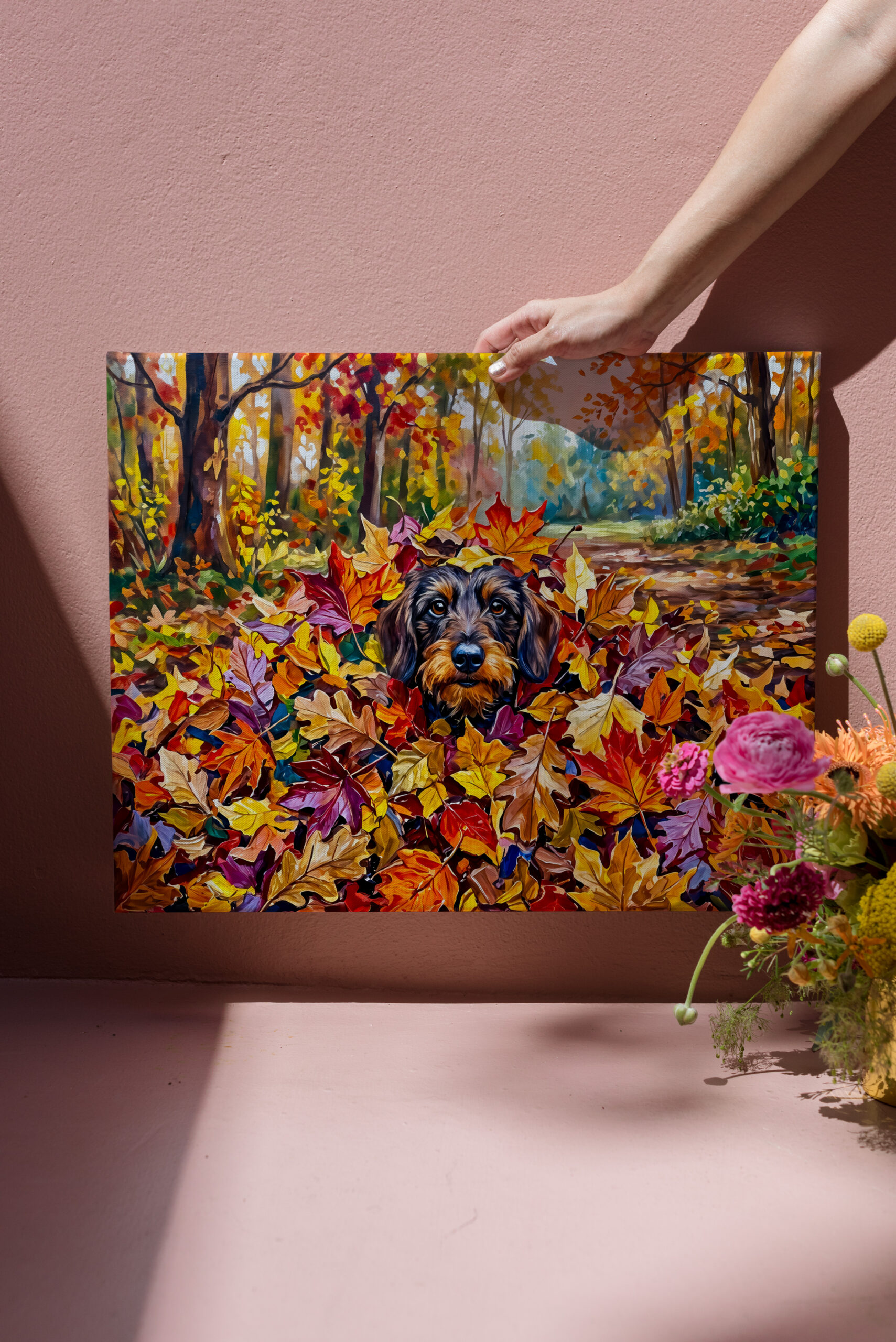 raxxa Canva: Dachshund Resting in Colorful Autumn Leaves