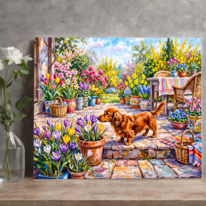 raxxa Canva: Dachshund Walking Through Colorful Blooming Spring Garden