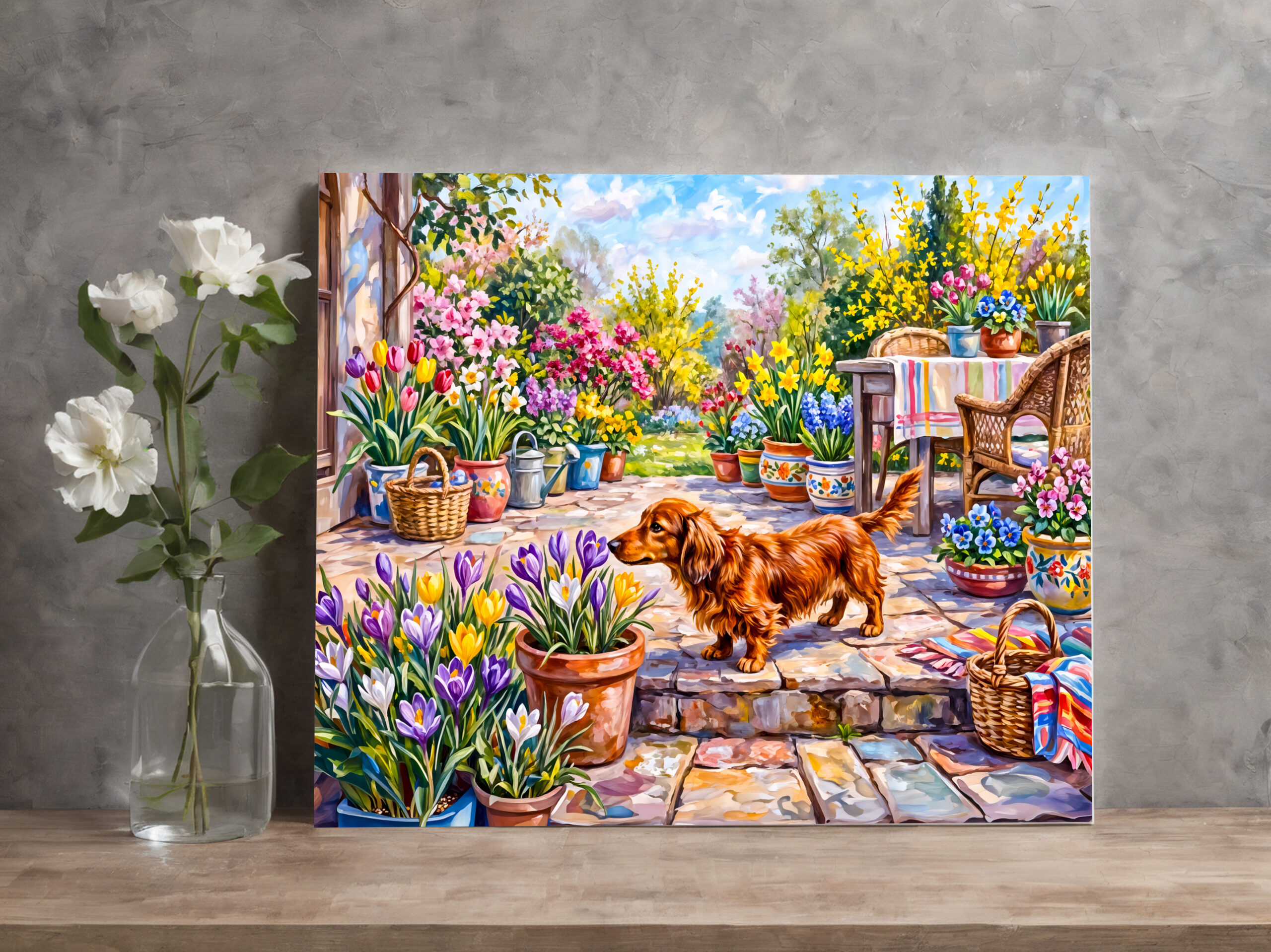 raxxa Canva: Dachshund Walking Through Colorful Blooming Spring Garden