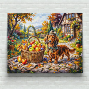 raxxa Canva: Dachshund Sitting Beside Apples Pumpkins Autumn Garden