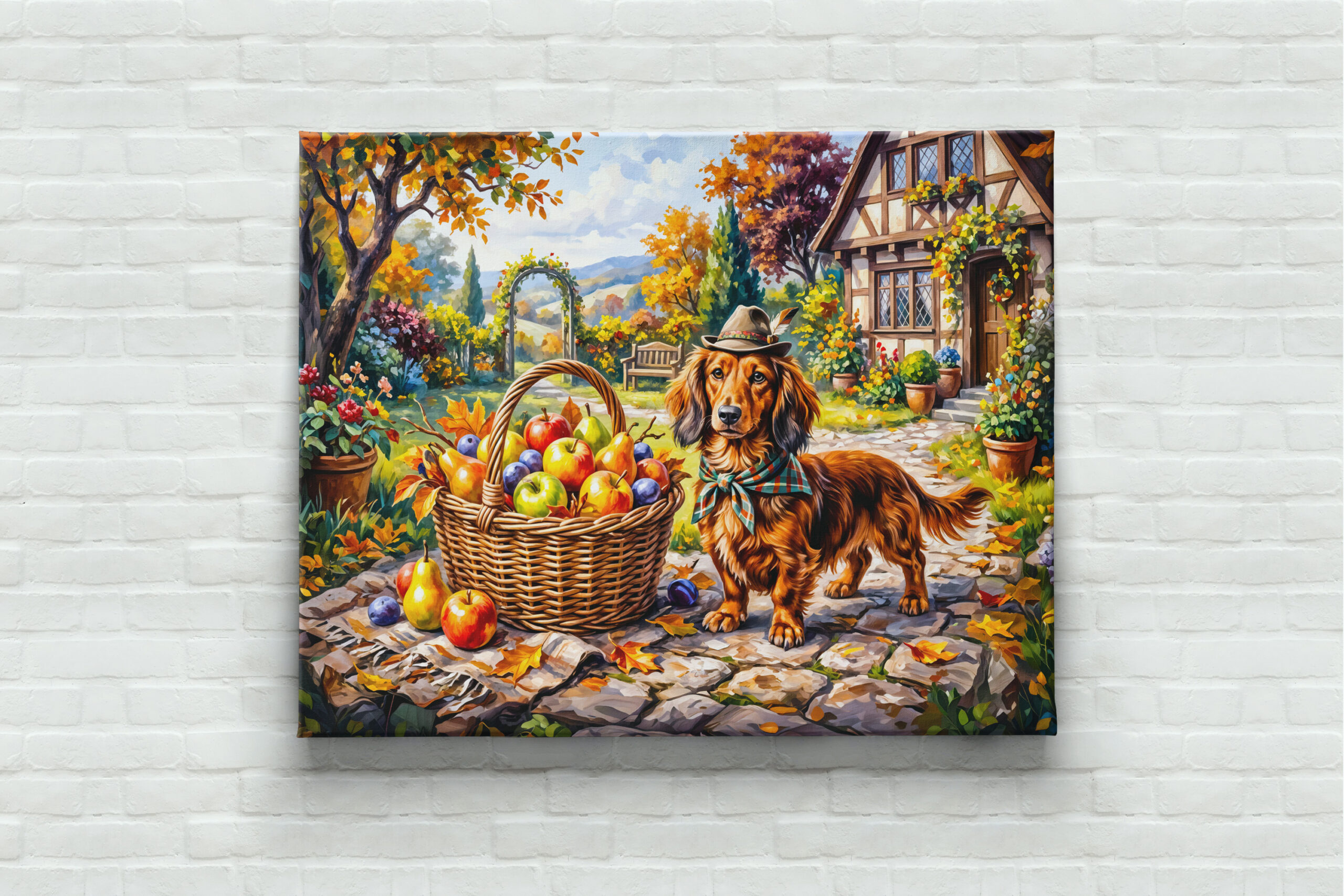 raxxa Canva: Dachshund Sitting Beside Apples Pumpkins Autumn Garden