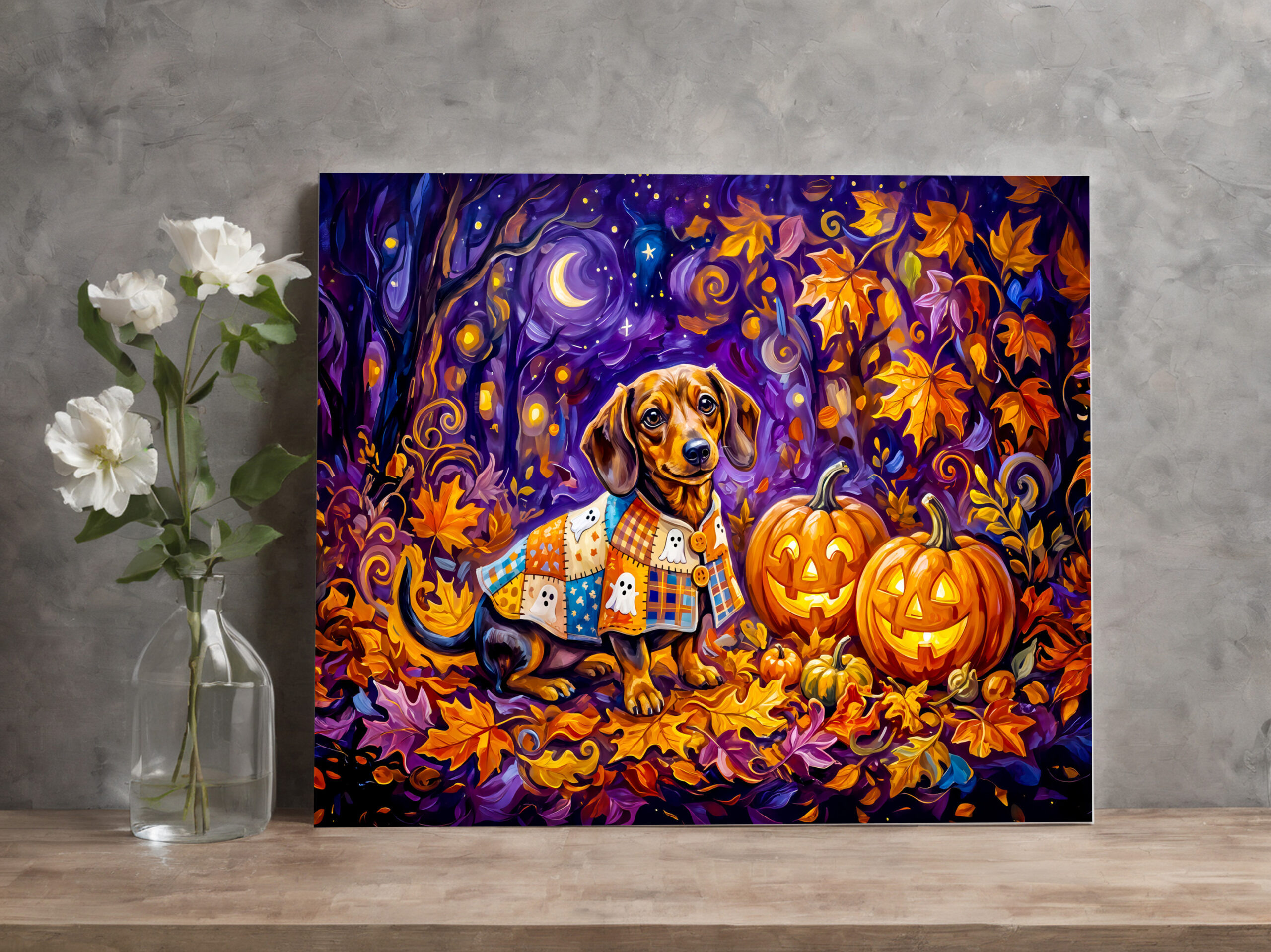 raxxa Canva: Dachshund Sitting Among Pumpkins Under Autumn Night Sky - immagine 2