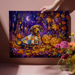 raxxa Canva: Dachshund Sitting Among Pumpkins Under Autumn Night Sky