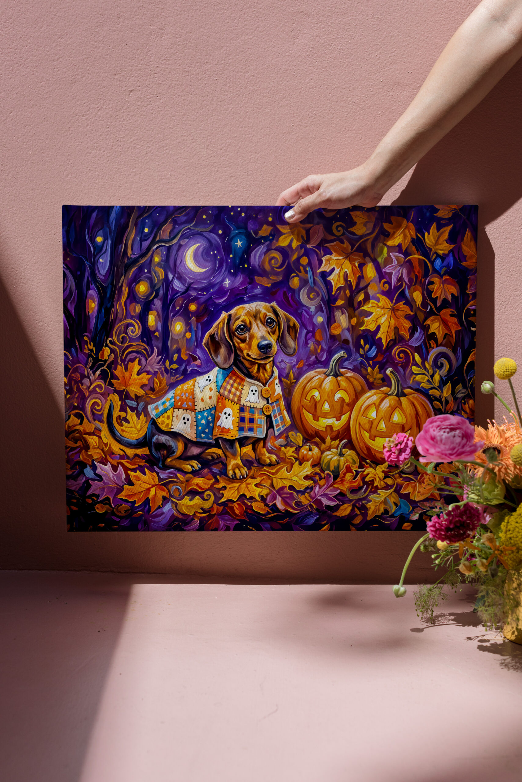 raxxa Canva: Dachshund Sitting Among Pumpkins Under Autumn Night Sky