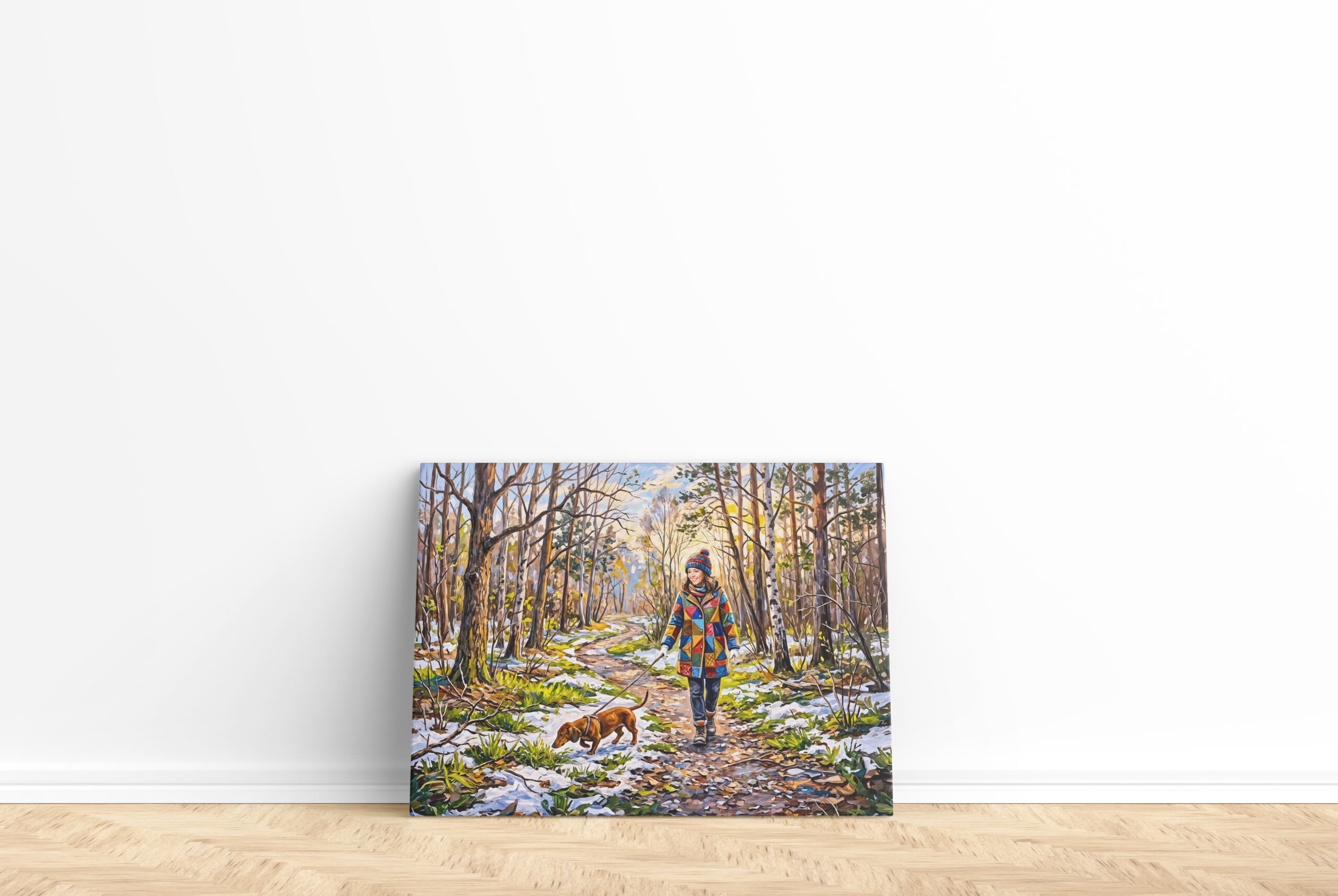 raxxa Canva: Dachshund Walking Along Sunlit Snowy Forest Path - Image 2
