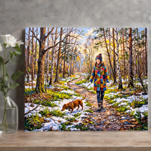 raxxa Canva: Dachshund Walking Along Sunlit Snowy Forest Path