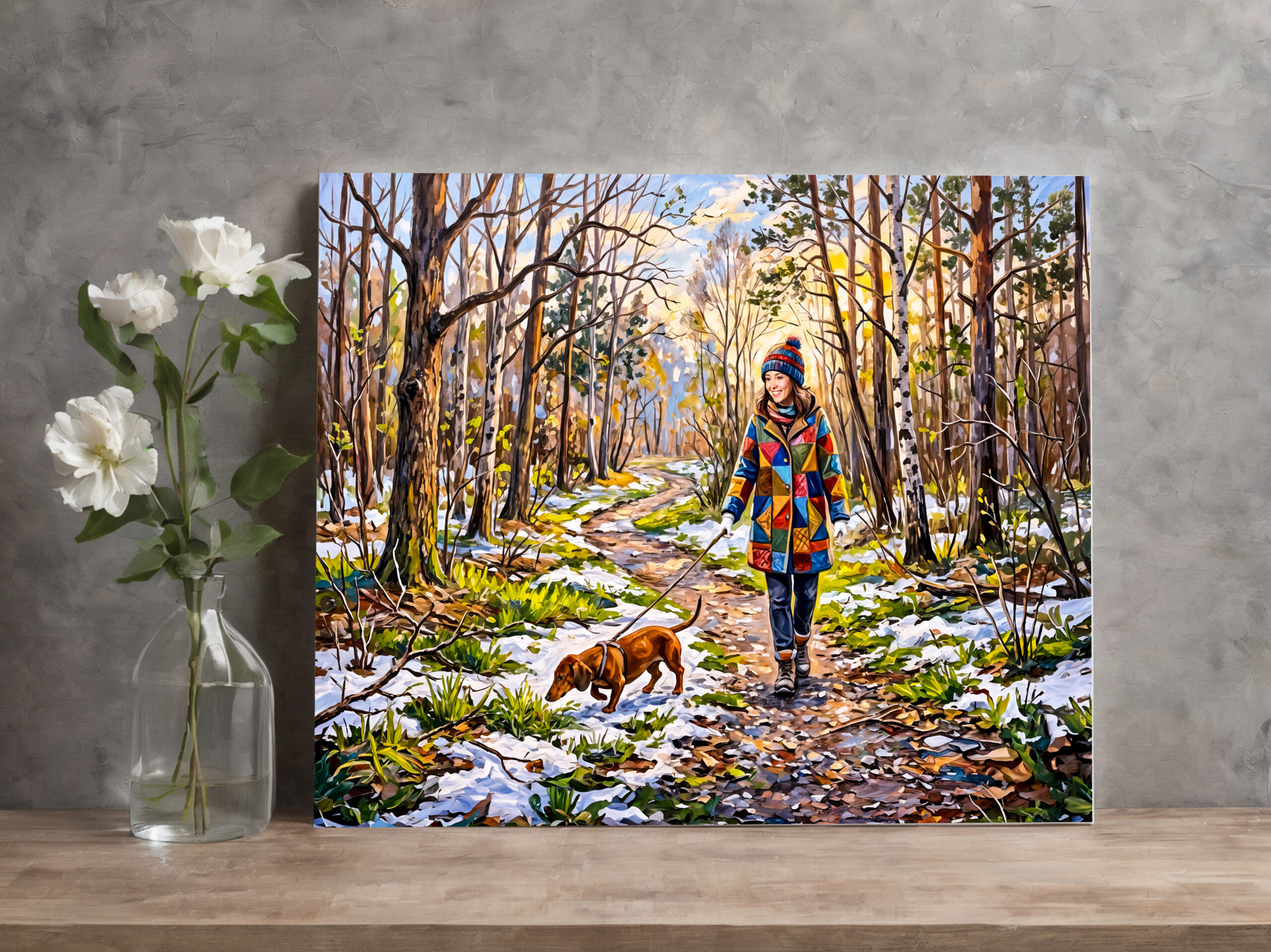 raxxa Canva: Dachshund Walking Along Sunlit Snowy Forest Path