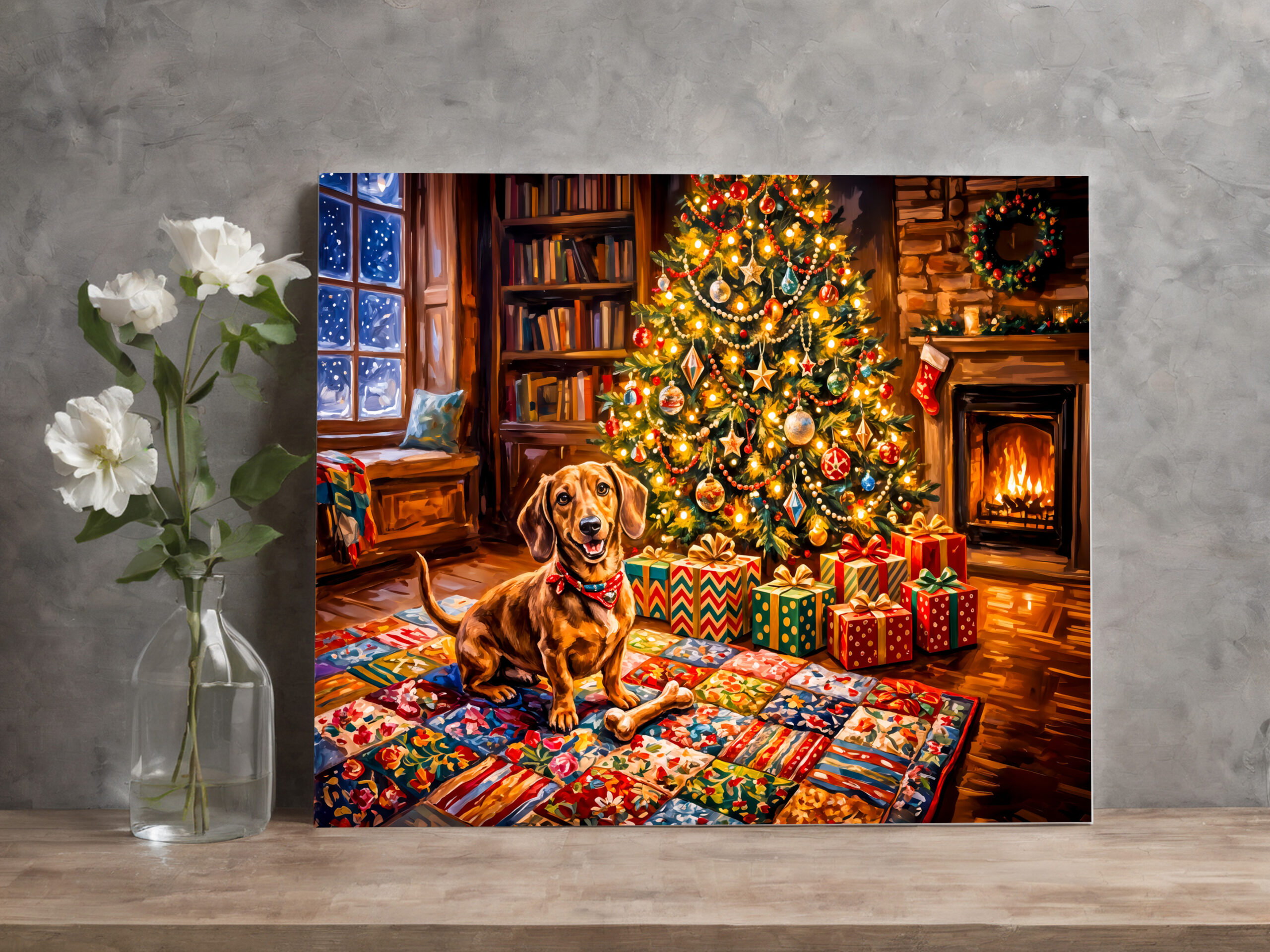 raxxa Canva: Dachshund Resting Beside Cozy Christmas Tree Fireplace - Image 2