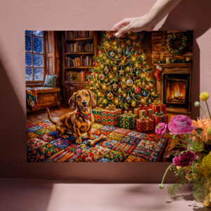 raxxa Canva: Dachshund Resting Beside Cozy Christmas Tree Fireplace