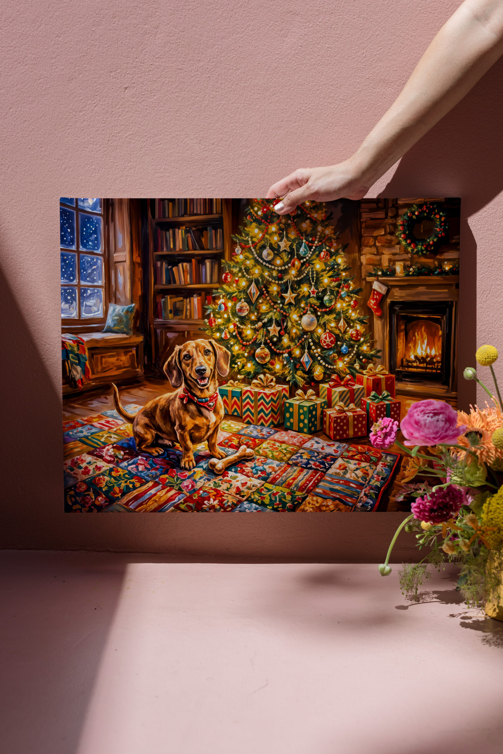 raxxa Canva: Dachshund Resting Beside Cozy Christmas Tree Fireplace