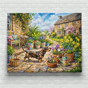 raxxa Canva: Dachshund Walking Through Colorful Flower Patio Garden