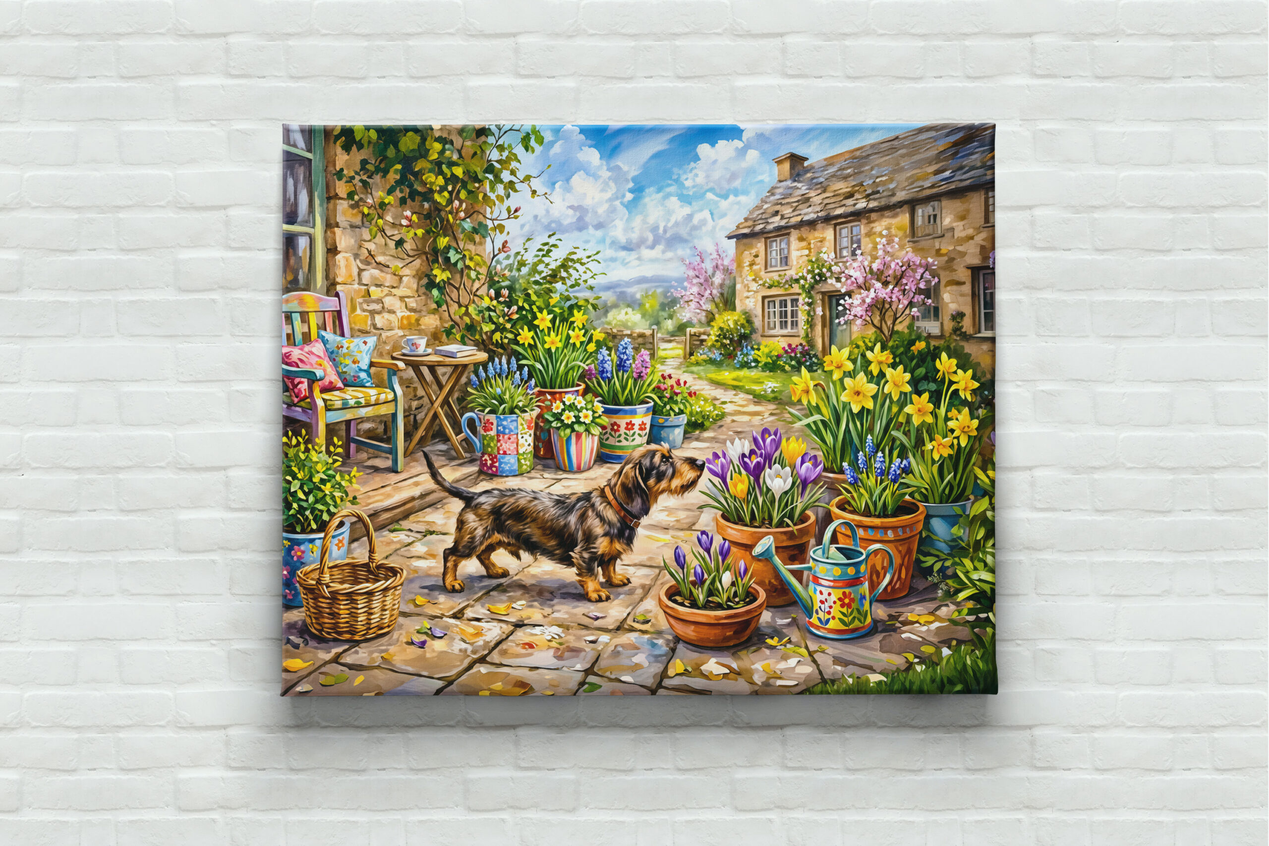 raxxa Canva: Dachshund Walking Through Colorful Flower Patio Garden