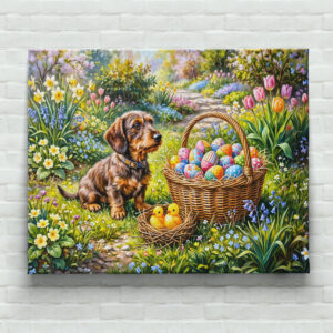 raxxa Canva: Dachshund Sitting with Easter Basket in Garden