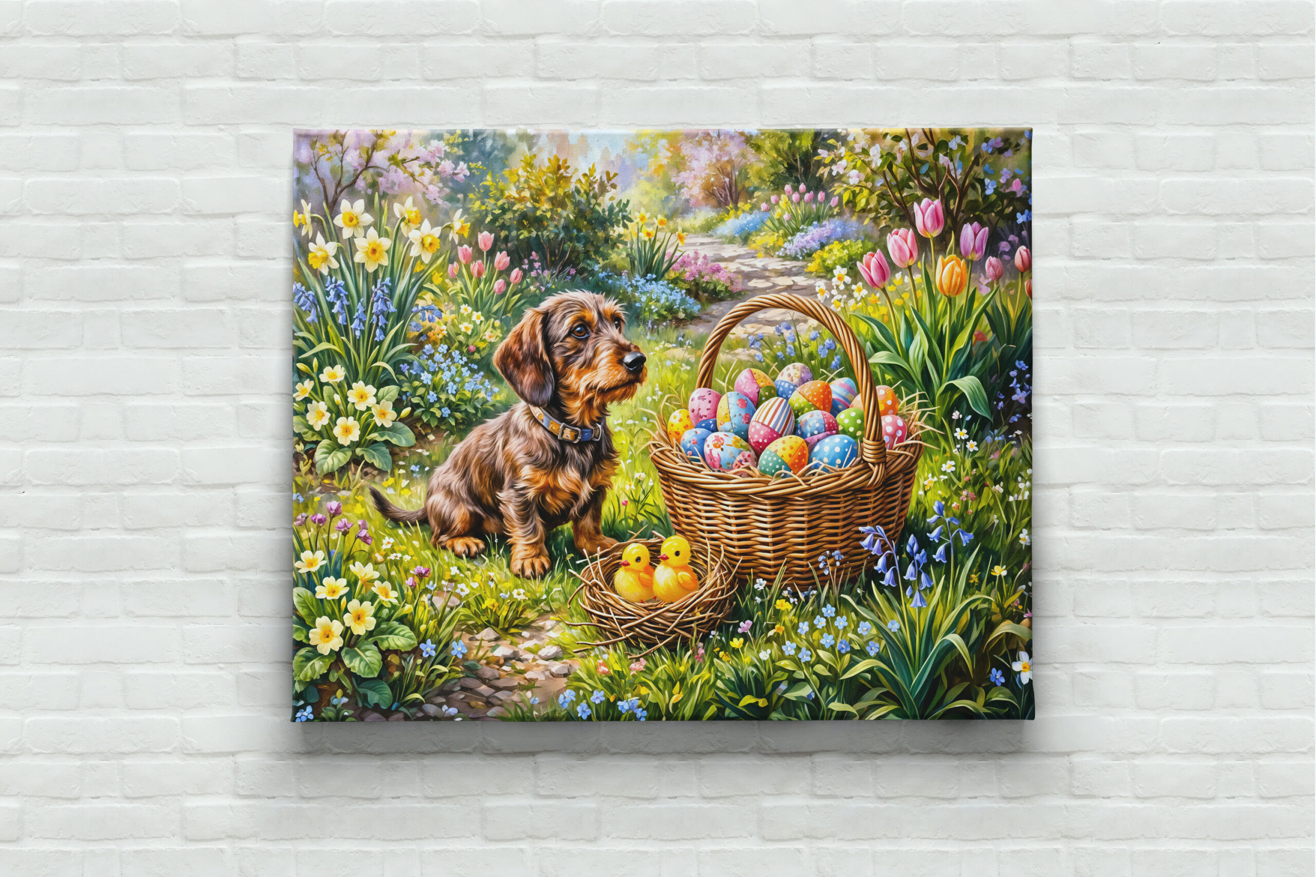 raxxa Canva: Dachshund Sitting with Easter Basket in Garden