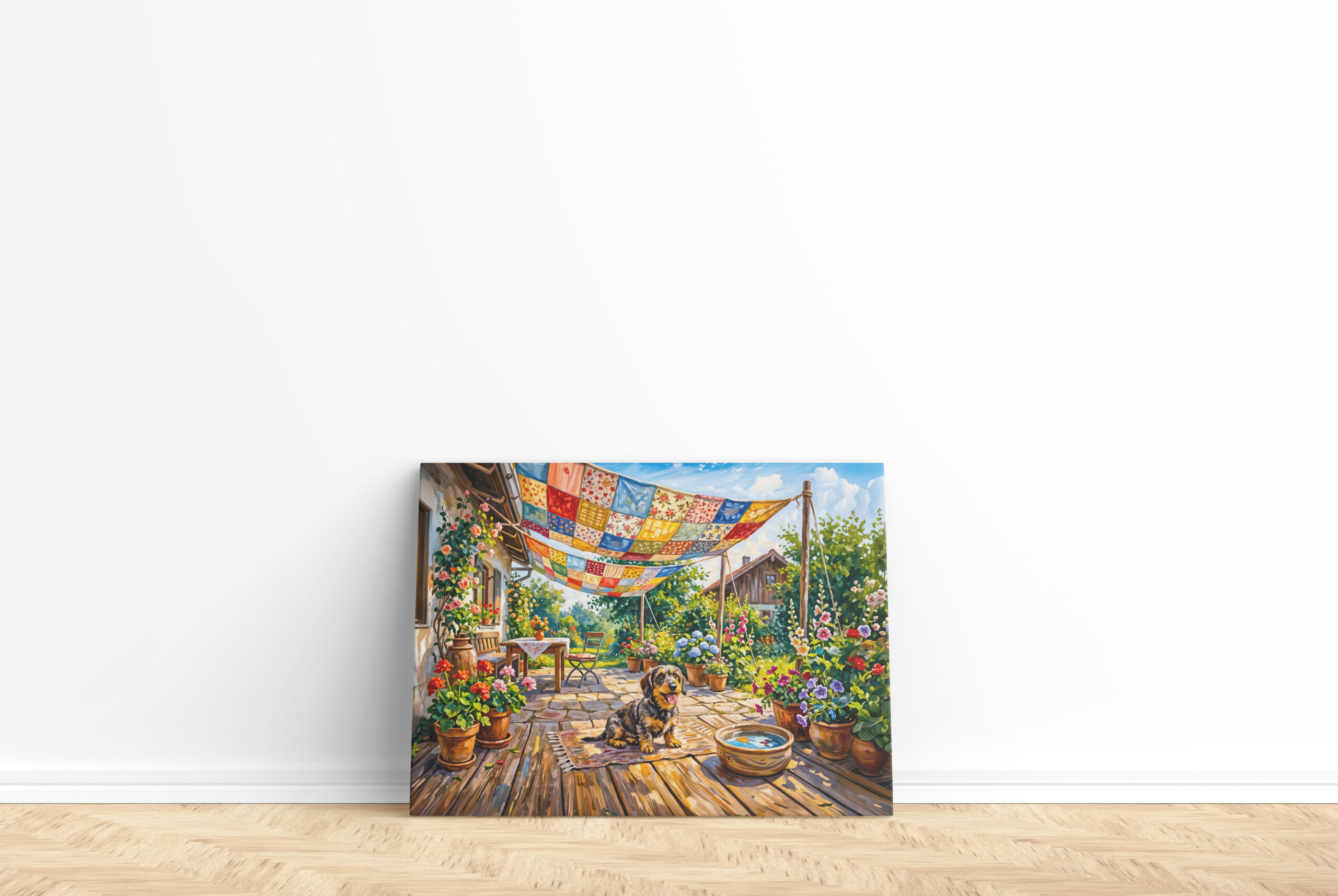 raxxa Canva: Dachshund Sitting Under Colorful Patchwork Garden Canopy - Image 2