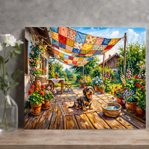 raxxa Canva: Dachshund Sitting Under Colorful Patchwork Garden Canopy
