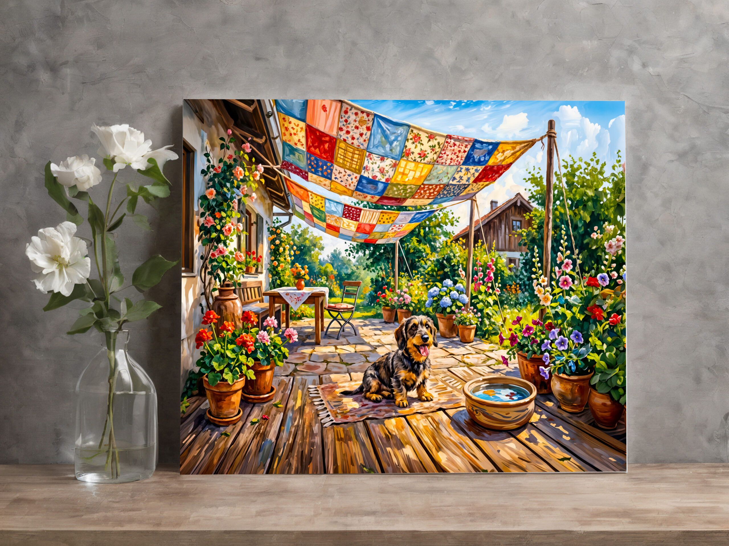 raxxa Canva: Dachshund Sitting Under Colorful Patchwork Garden Canopy