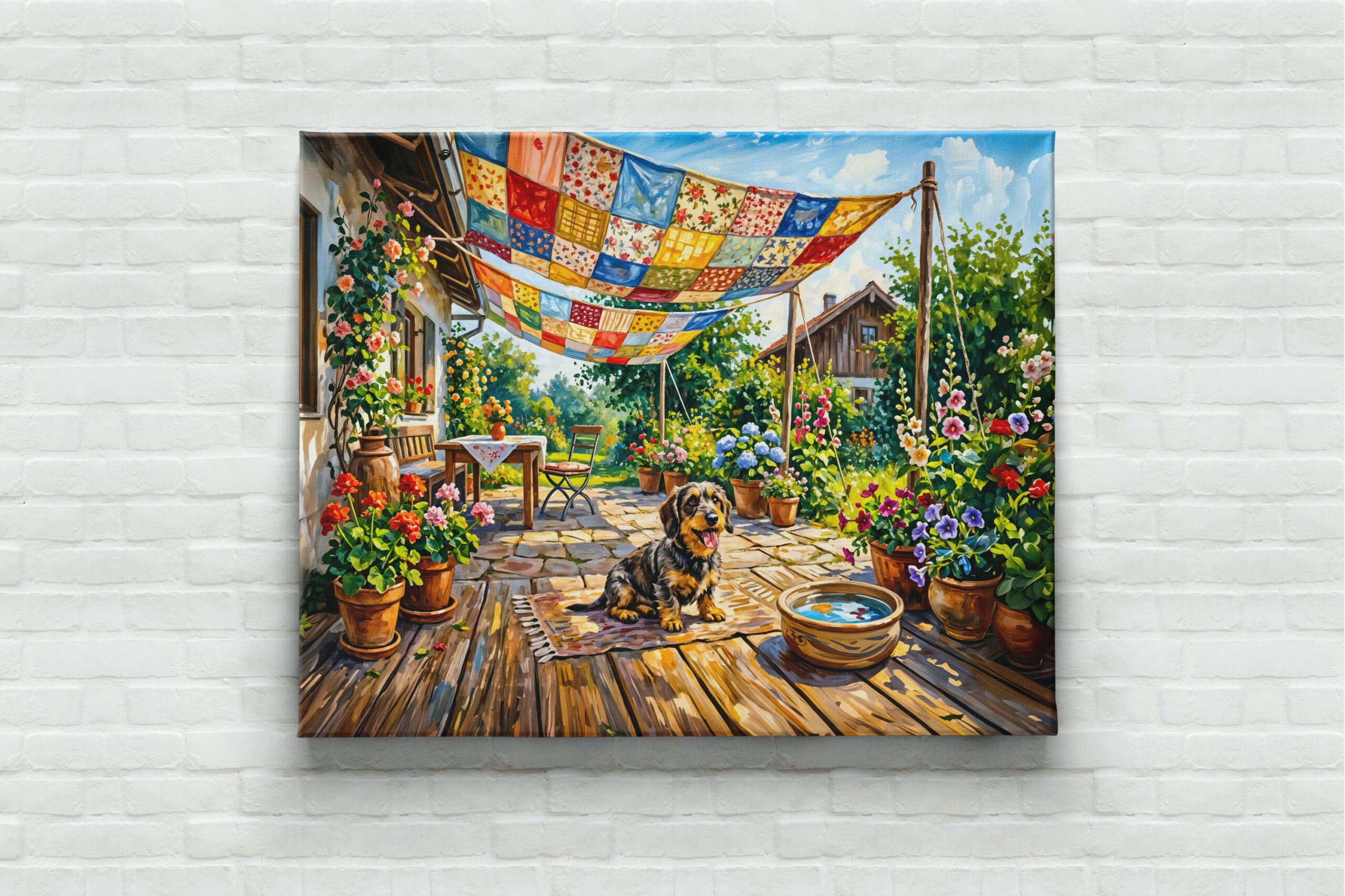 raxxa Canva: Dachshund Sitting Under Colorful Patchwork Garden Canopy - Image 3