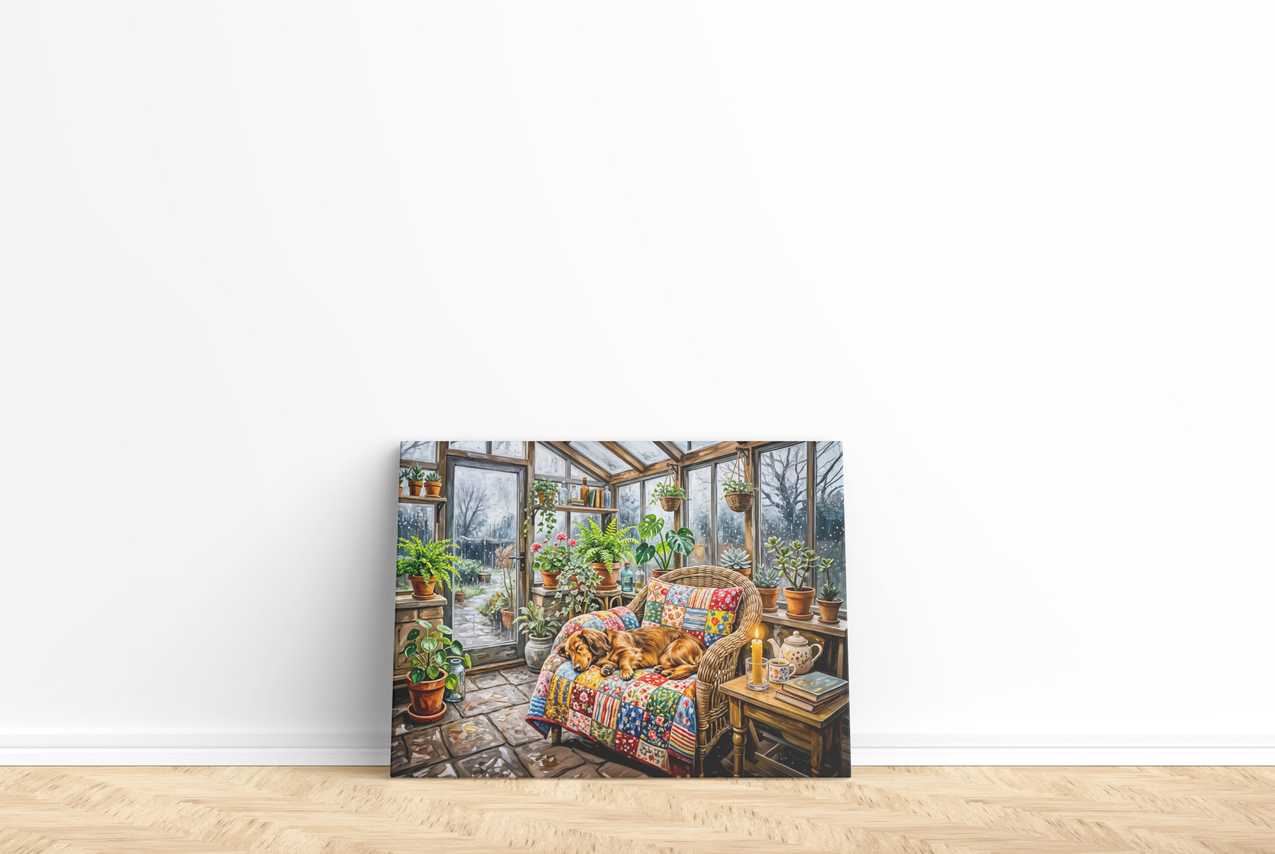 raxxa Canva: Dachshund Resting on Patchwork Chair Inside Greenhouse - Image 2
