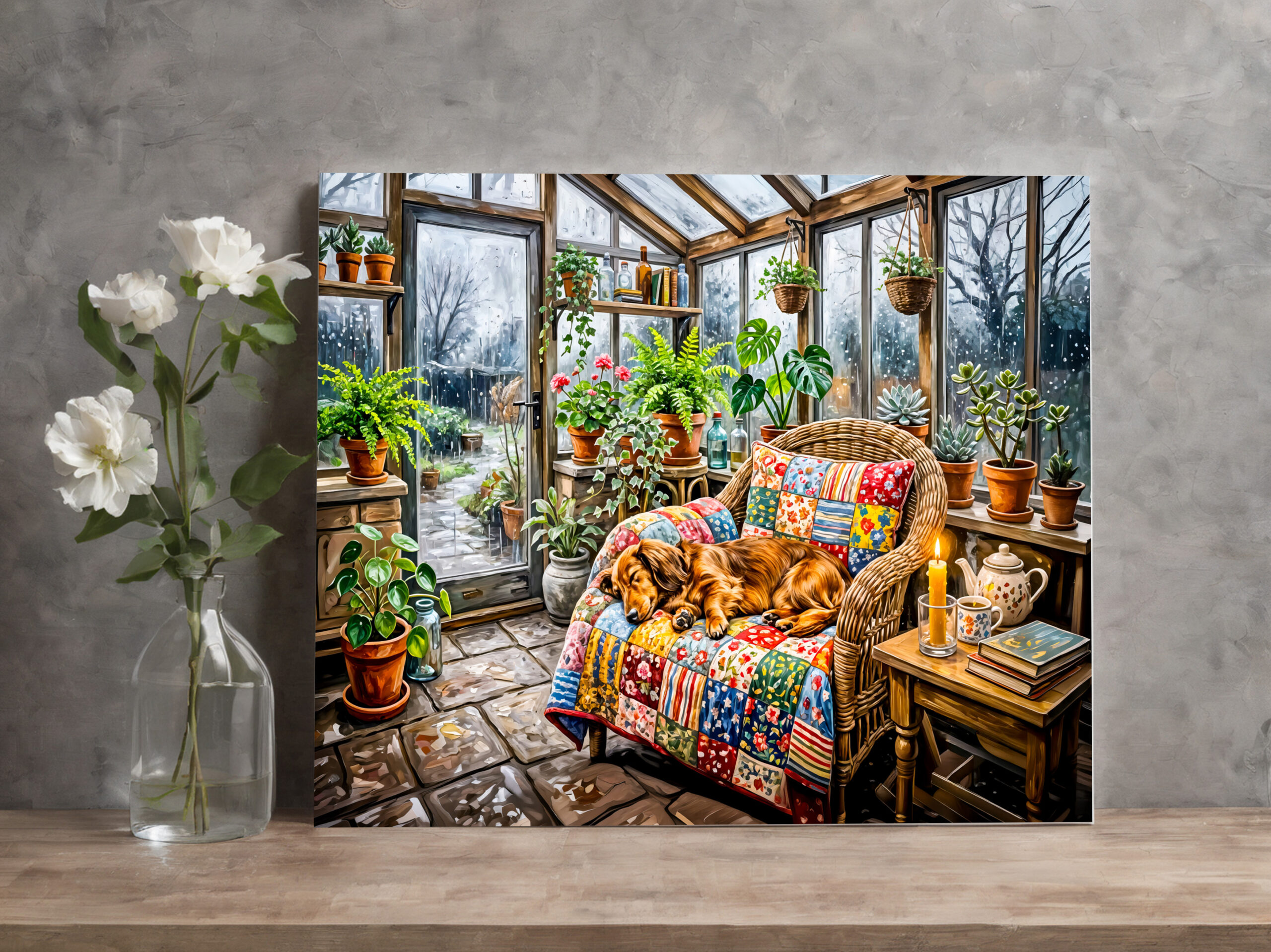raxxa Canva: Dachshund Resting on Patchwork Chair Inside Greenhouse - Image 3