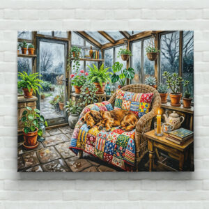 raxxa Canva: Dachshund Resting on Patchwork Chair Inside Greenhouse