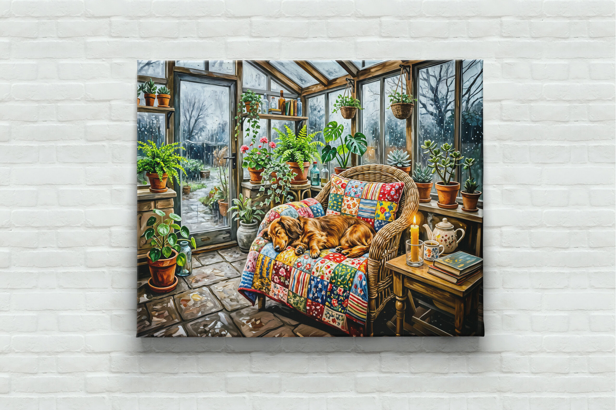 raxxa Canva: Dachshund Resting on Patchwork Chair Inside Greenhouse