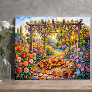 raxxa Canva: Dachshund Resting Under Floral Garden Pergola Path