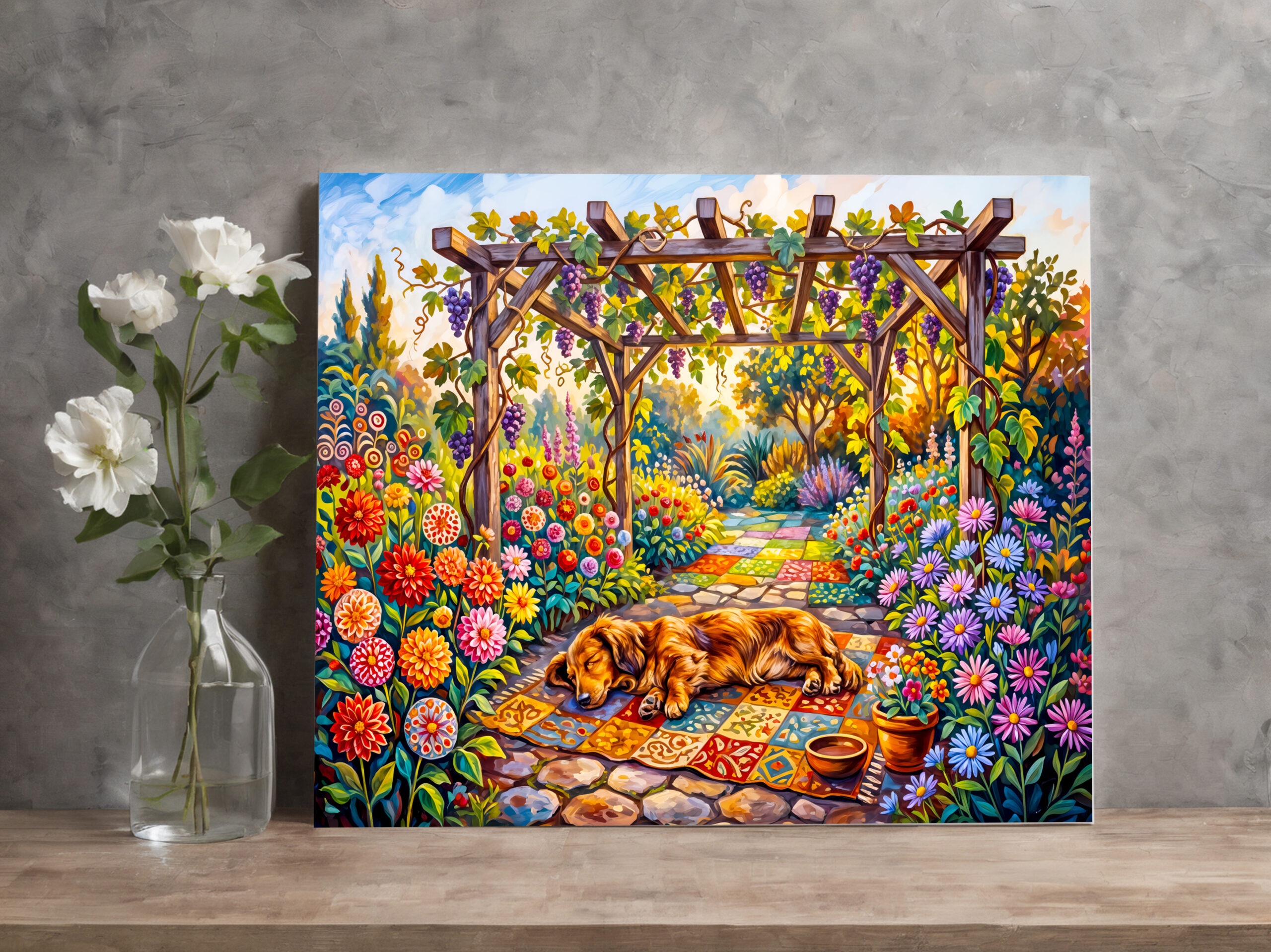 raxxa Canva: Dachshund Resting Under Floral Garden Pergola Path