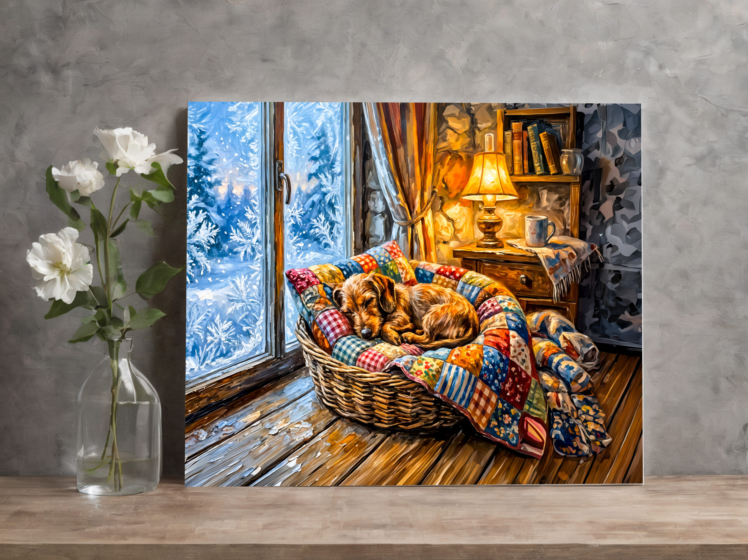 raxxa Canva: Dachshund Resting in Cozy Winter Window Basket - immagine 2