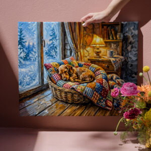 raxxa Canva: Dachshund Resting in Cozy Winter Window Basket