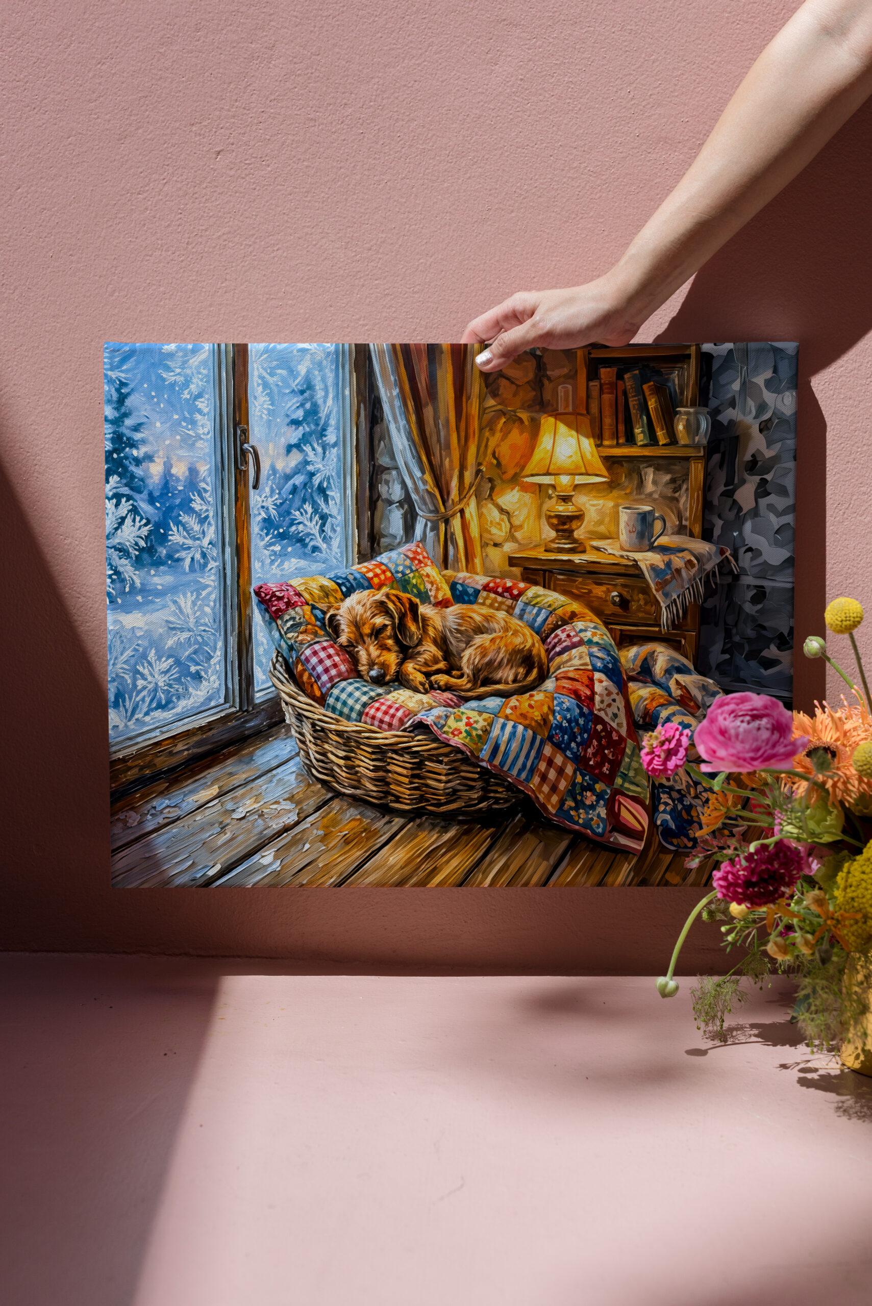 raxxa Canva: Dachshund Resting in Cozy Winter Window Basket