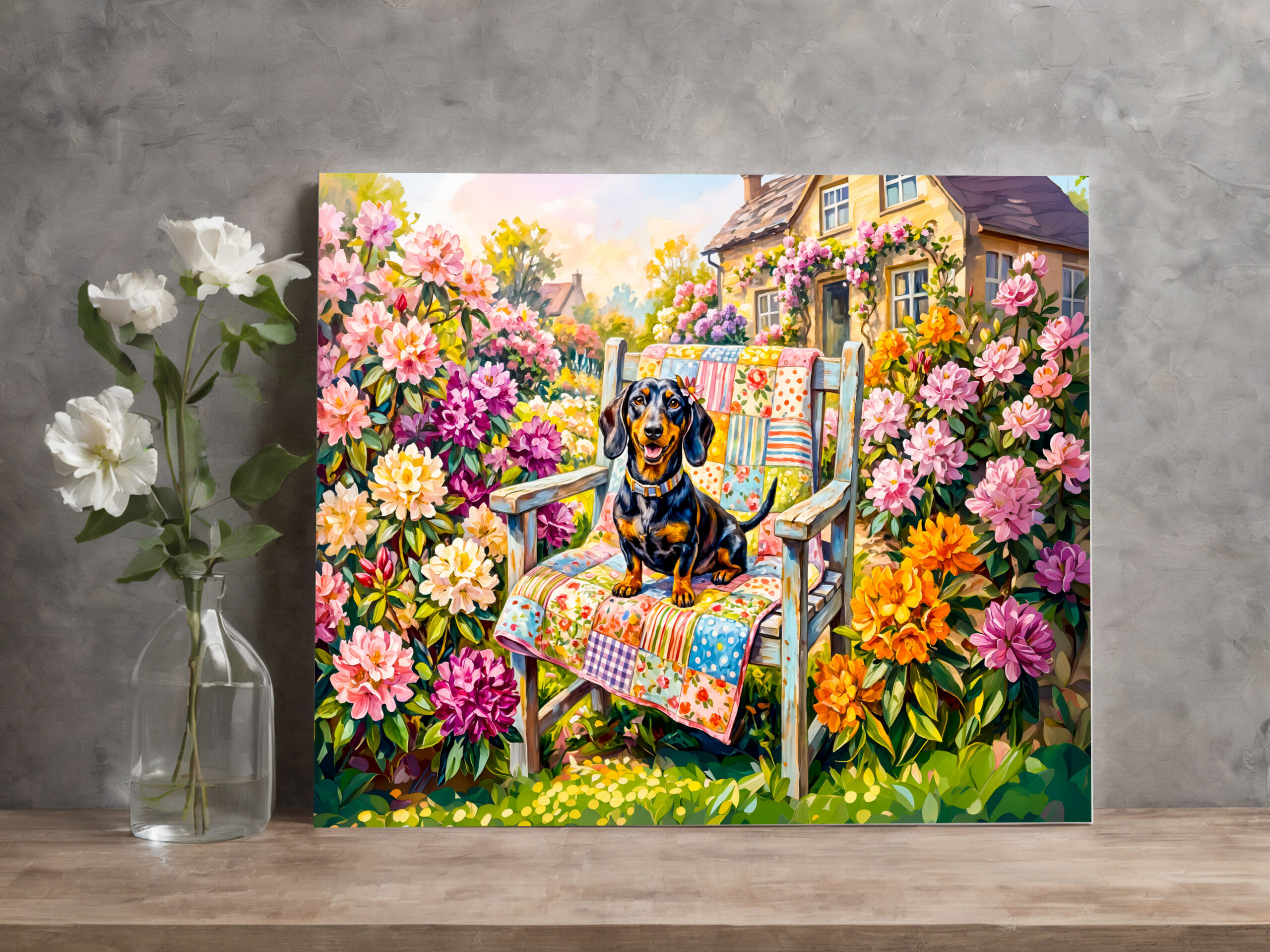raxxa Canva: Dachshund Sitting on Floral Garden Bench Scene – Bild 2