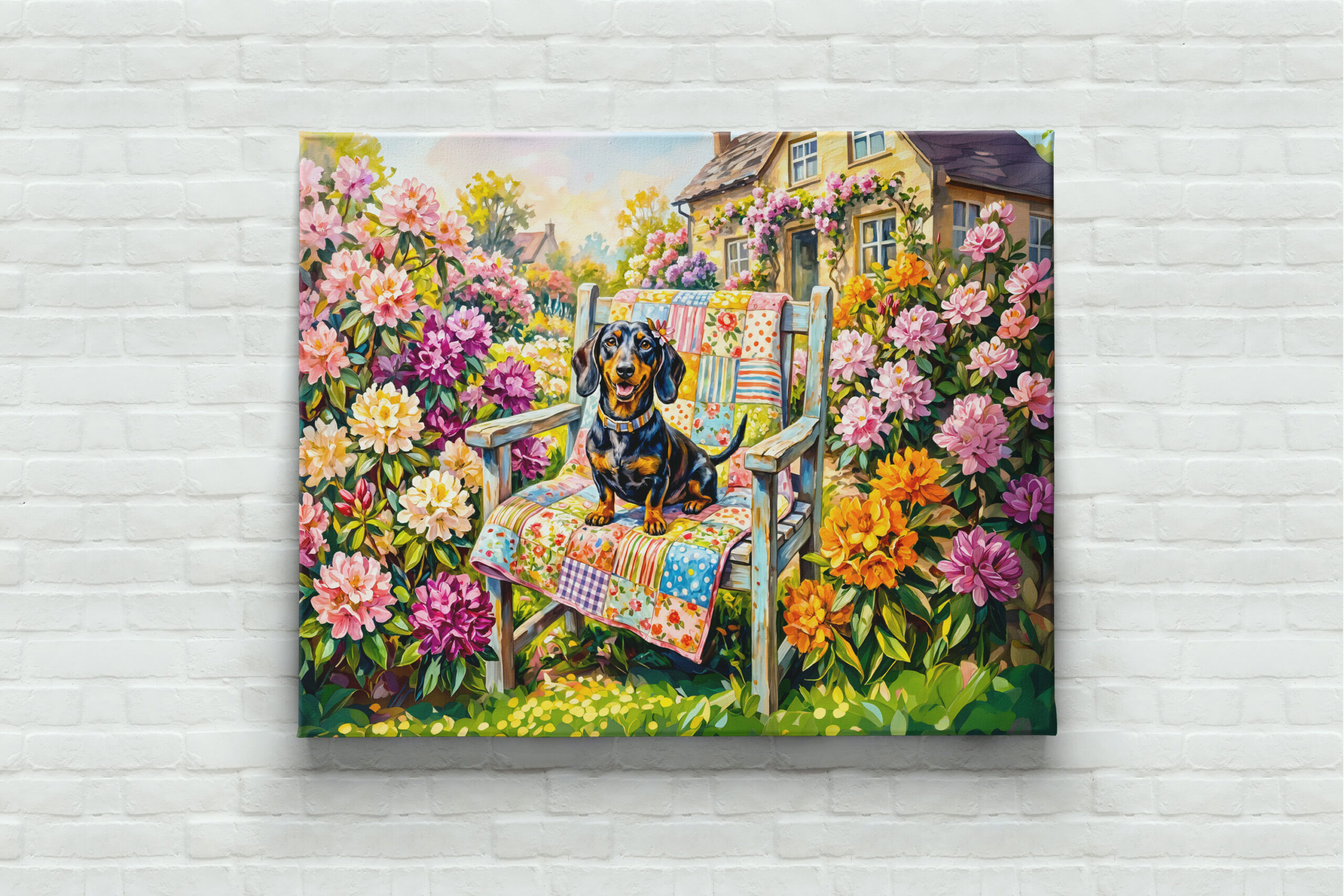 raxxa Canva: Dachshund Sitting on Floral Garden Bench Scene – Bild 3