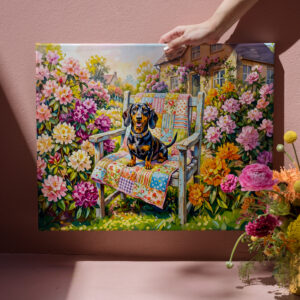 raxxa Canva: Dachshund Sitting on Floral Garden Bench Scene