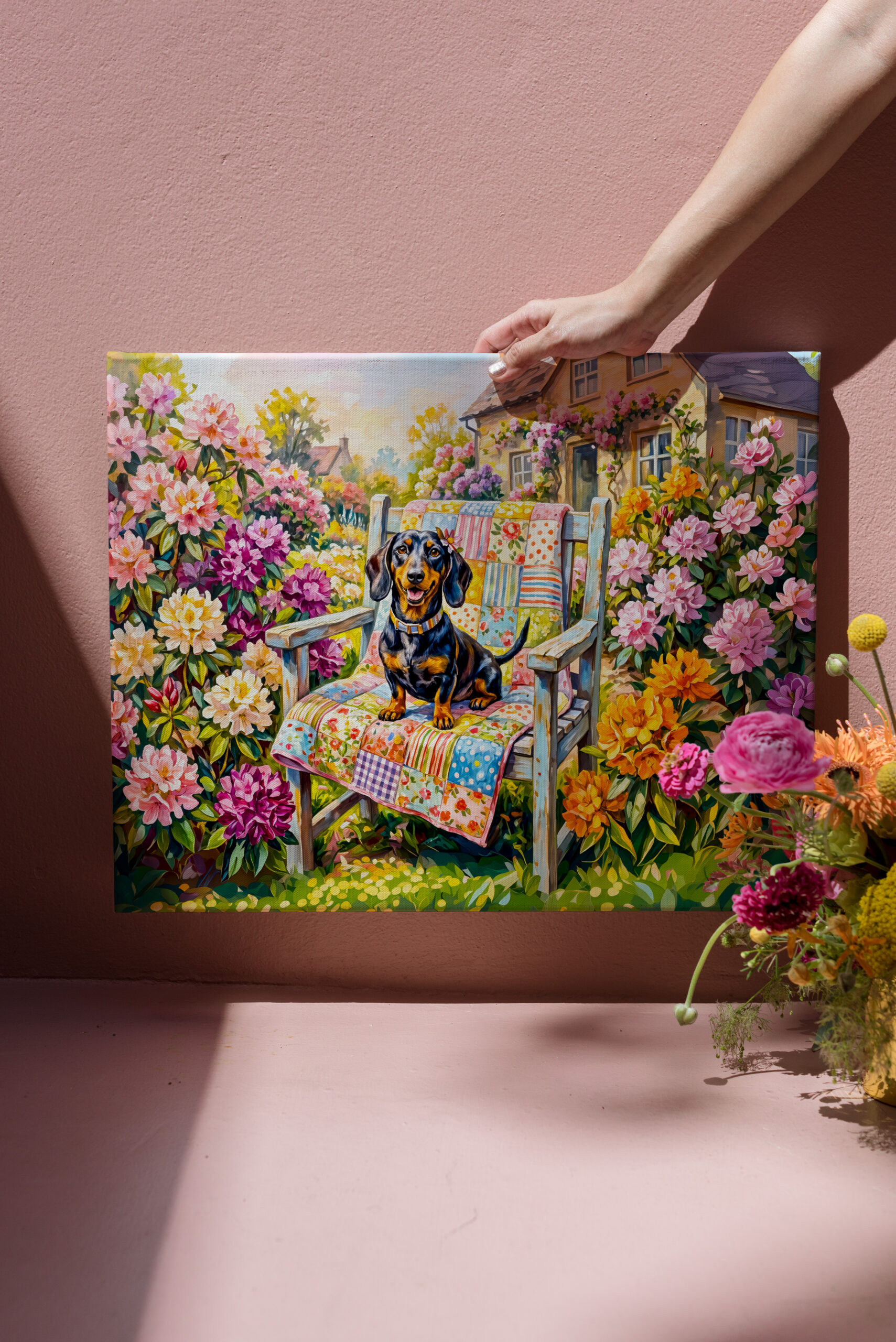 raxxa Canva: Dachshund Sitting on Floral Garden Bench Scene