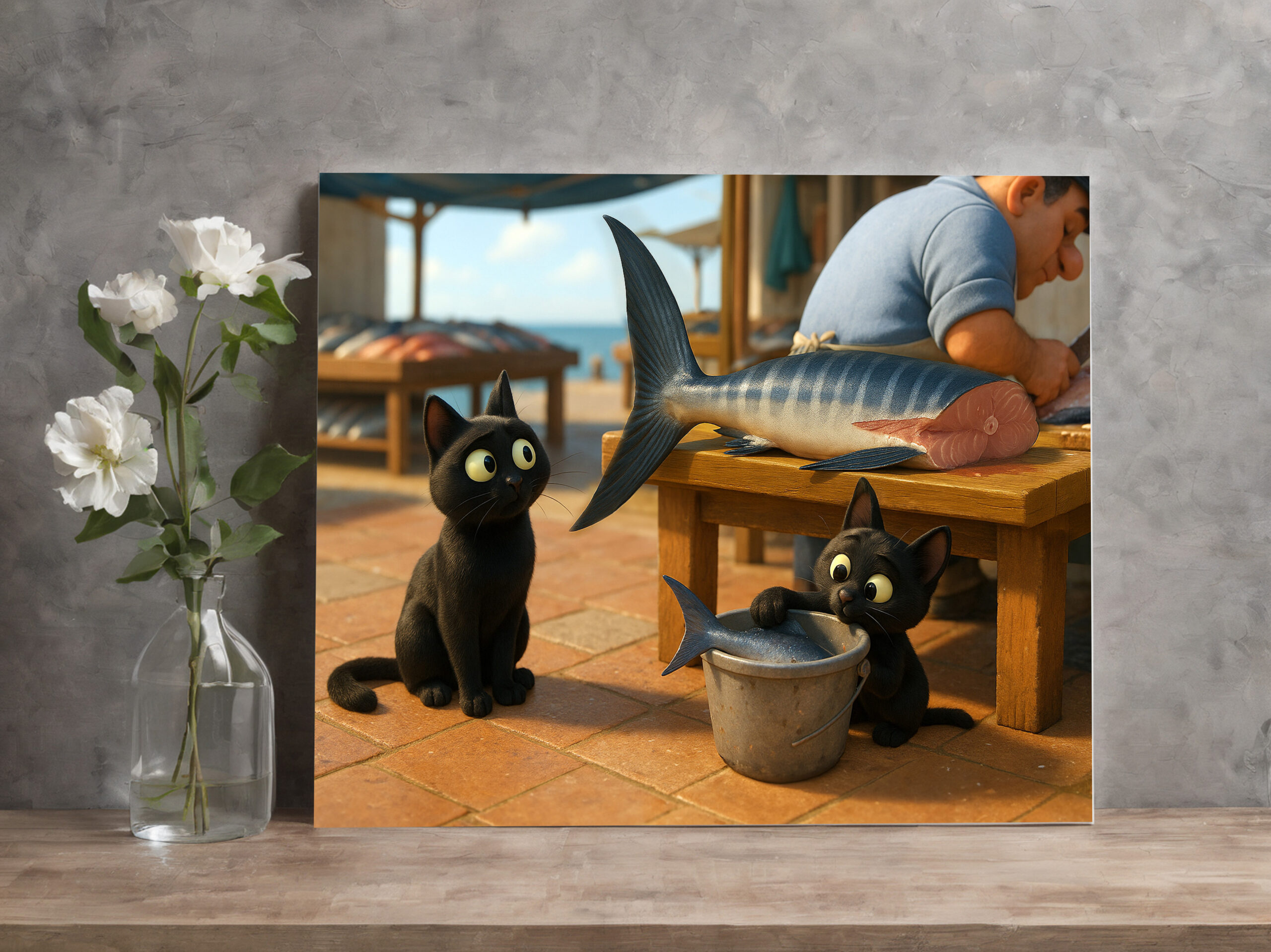 raxxa Canva: DAS wäre ein gutes Abendessen. Katze mit Nachwuchs auf dem Fischmarkt – Bild 2