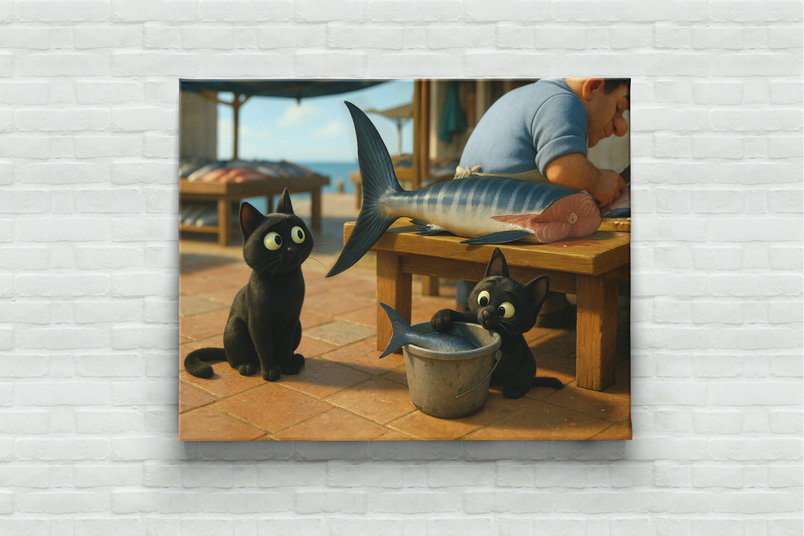 raxxa Canva: DAS wäre ein gutes Abendessen. Katze mit Nachwuchs auf dem Fischmarkt – Bild 3