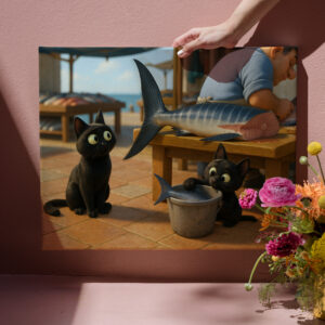 raxxa Canva: DAS wäre ein gutes Abendessen. Katze mit Nachwuchs auf dem Fischmarkt