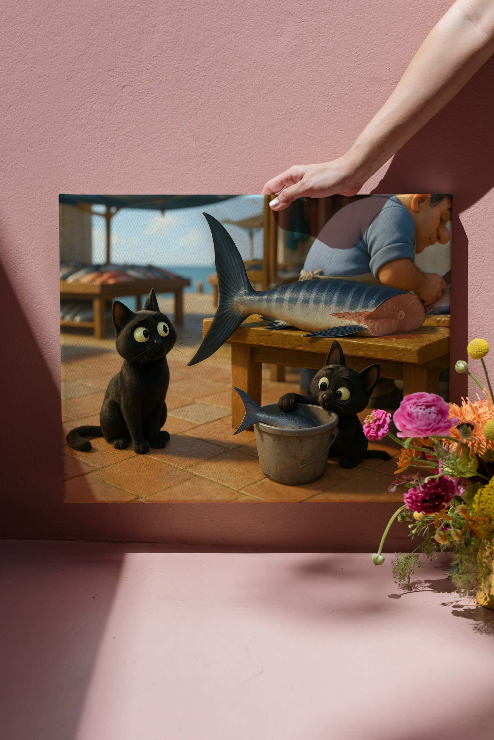 raxxa Canva: DAS wäre ein gutes Abendessen. Katze mit Nachwuchs auf dem Fischmarkt